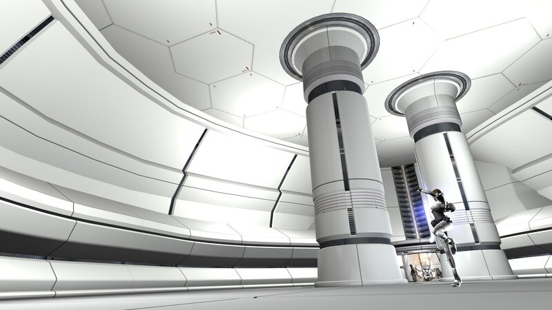 Robotic Figure in Corridor — White
