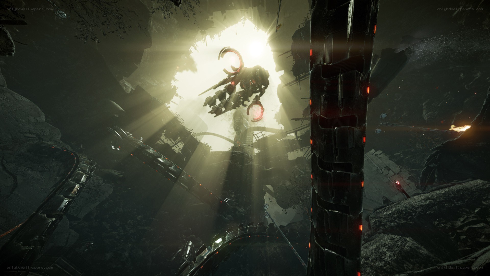 robotic figure in dark canyon