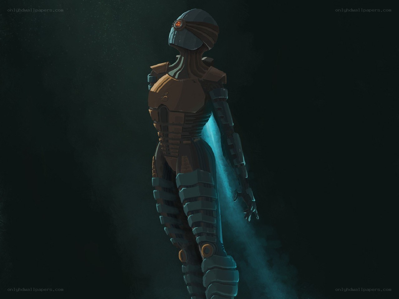 robotic figure in dark environment