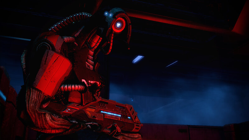 robotic figure in dark environment