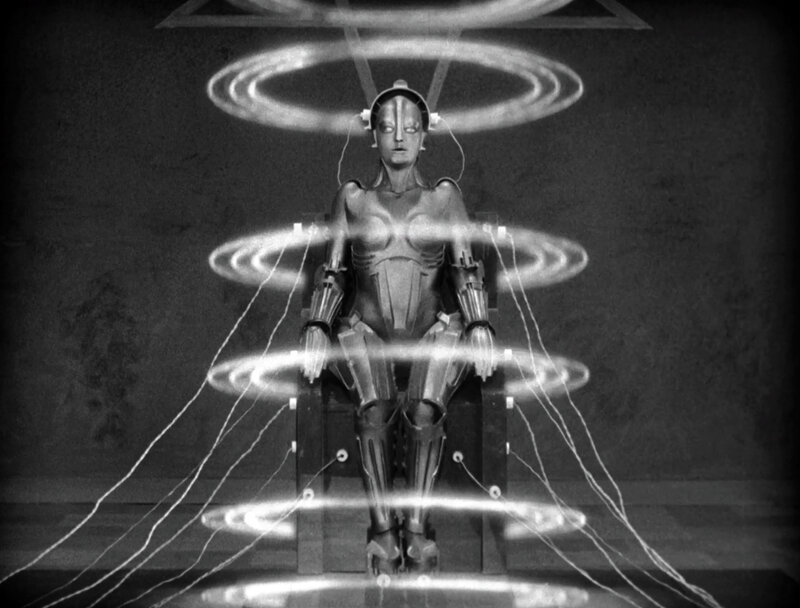 robotic figure in energy rings