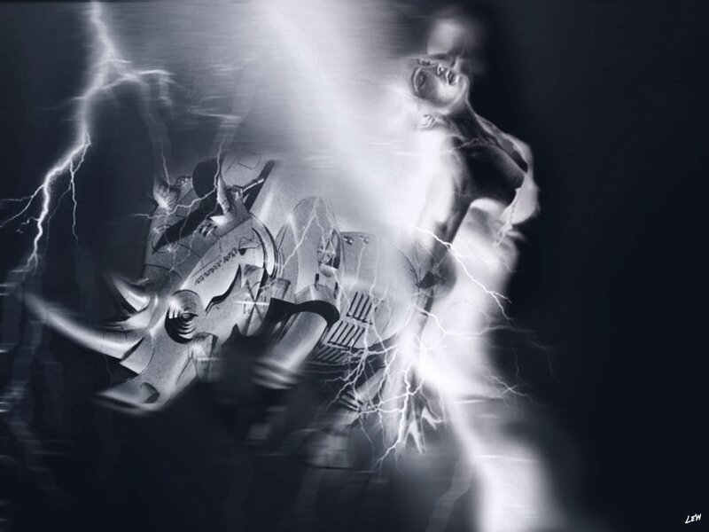 robotic figure in lightning storm