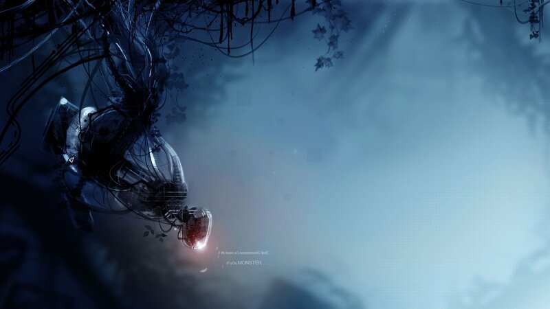 robotic figure in misty forest