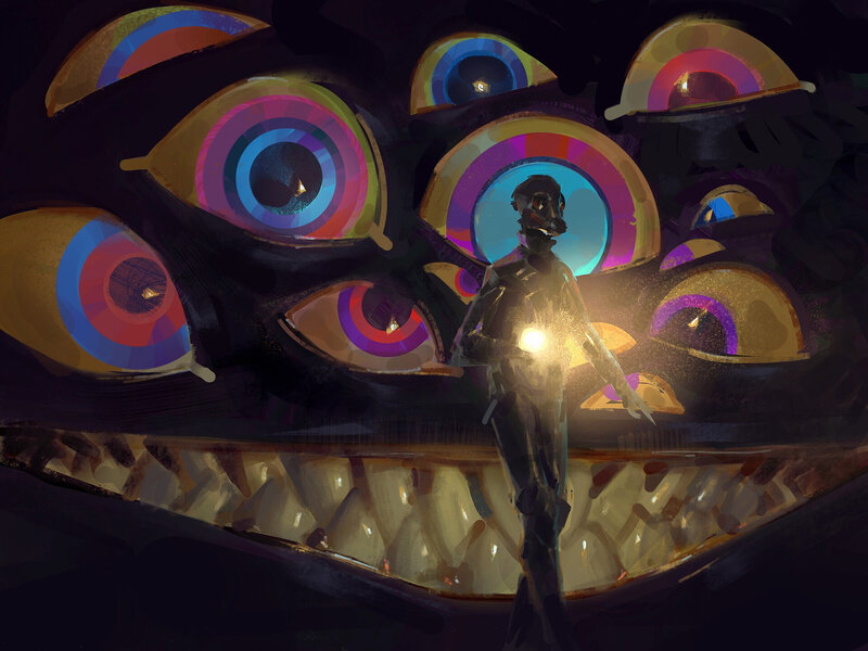 Robotic Figure in Monster Mouth