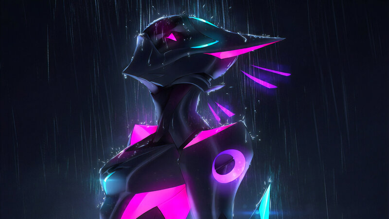 Robotic Figure in Rain — Black, Dramatic, Night