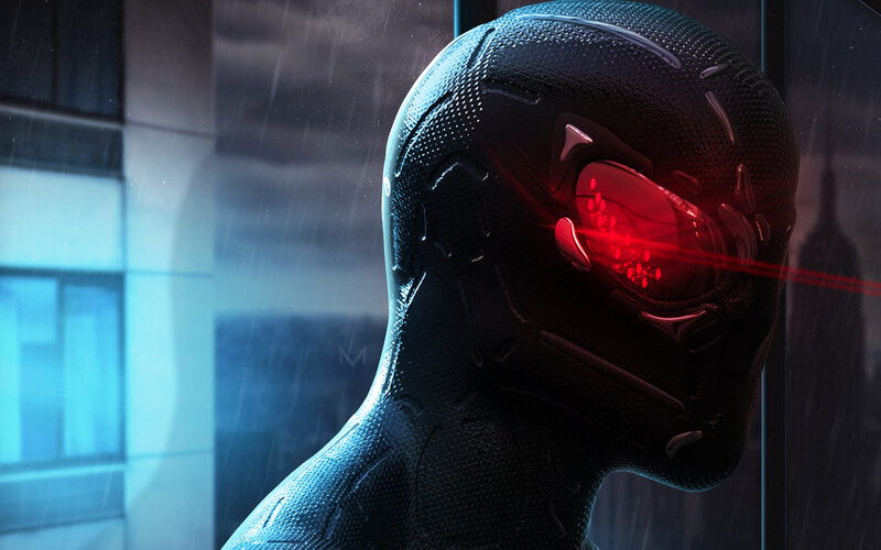 Robotic Figure in Rain — Black, Dramatic