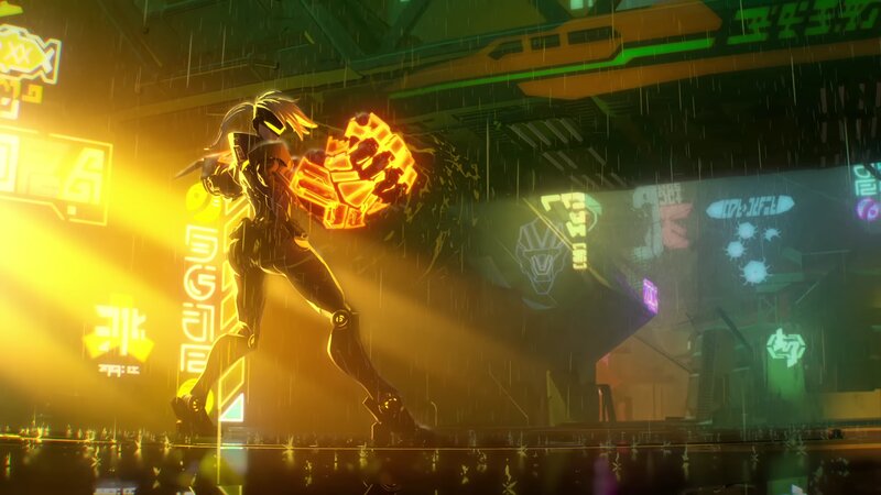 Robotic Figure in Rain — Yellow
