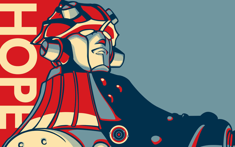Robotic Figure in Red and Blue — Dramatic, Hopeful