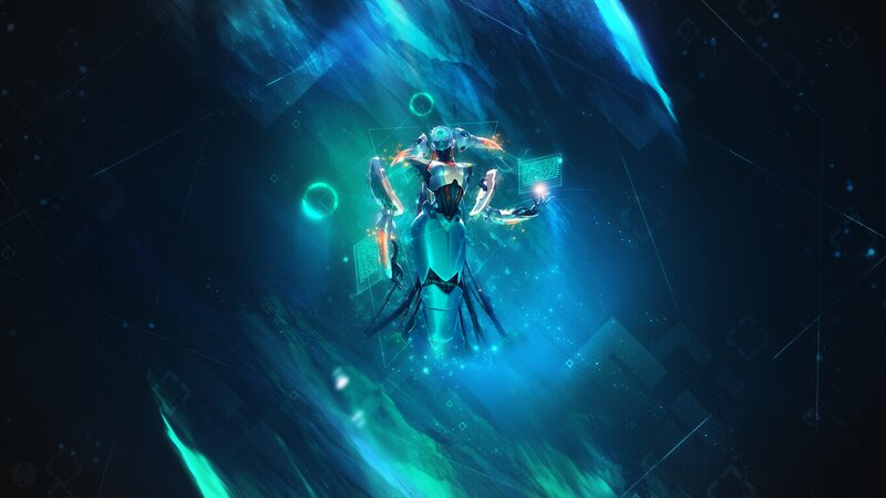 Robotic Figure in Space — Blue, Dramatic, Digital Art