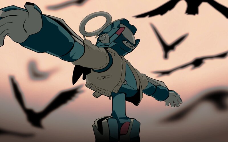 robotic figure in sunset
