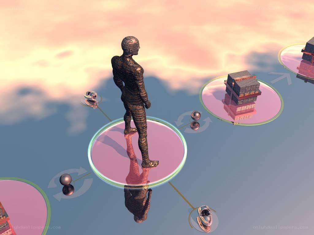 robotic figure on floating platforms