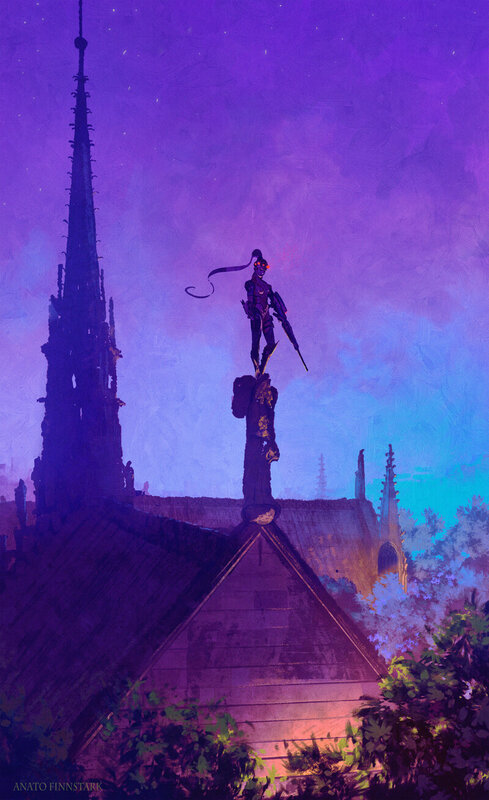 Robotic Figure on Rooftop — Purple