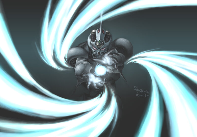 robotic figure with energy sphere