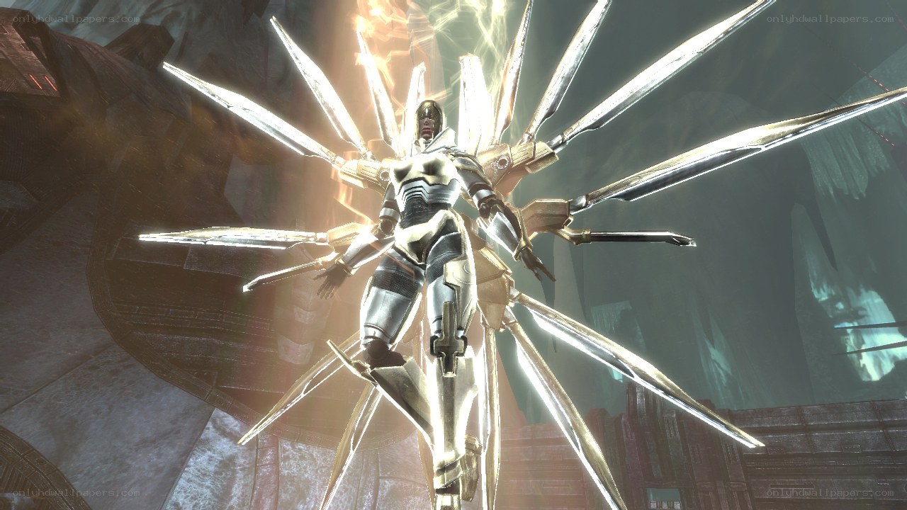 robotic figure with glowing blades