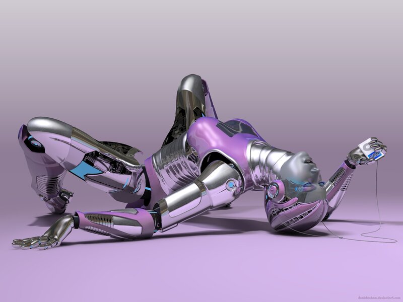 robotic figure with music player