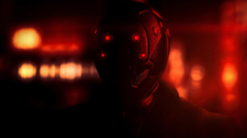 Robotic Figure with Red Lights — Dramatic