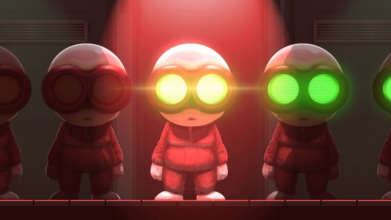 Robotic Figures in Red Suits