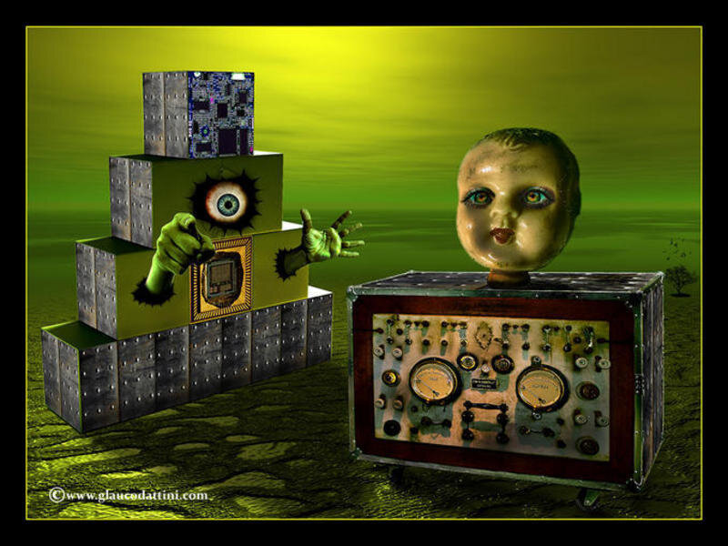 robotic figures with doll head