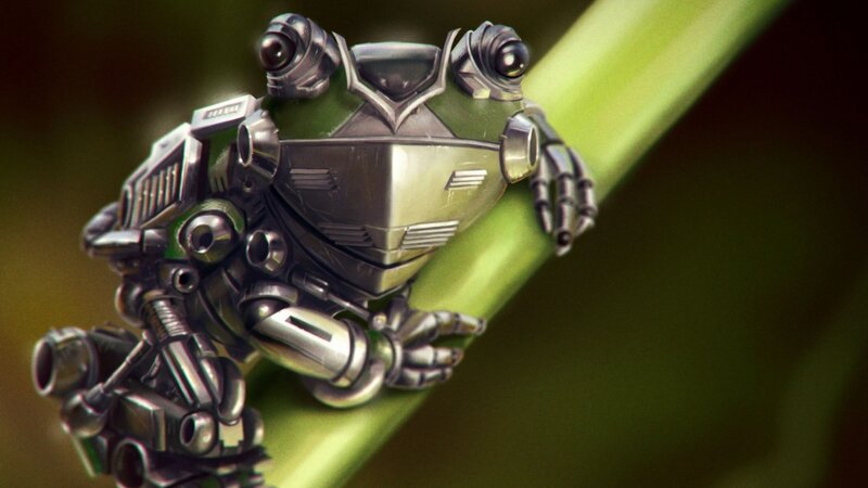robotic frog on a plant stem