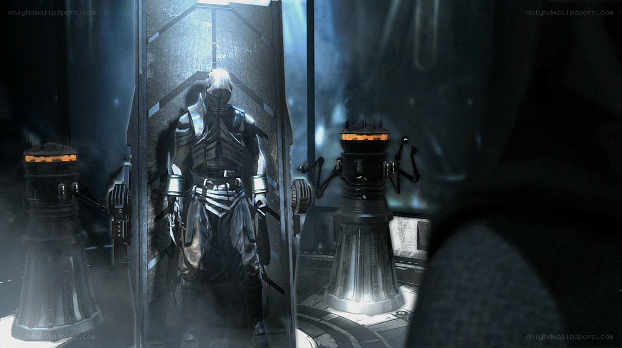 robotic guards in a sci-fi corridor