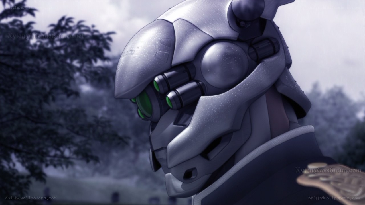robotic head in misty forest