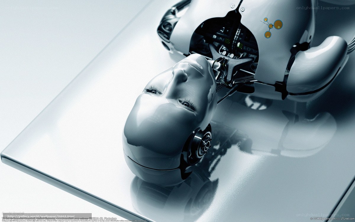 robotic head on reflective surface