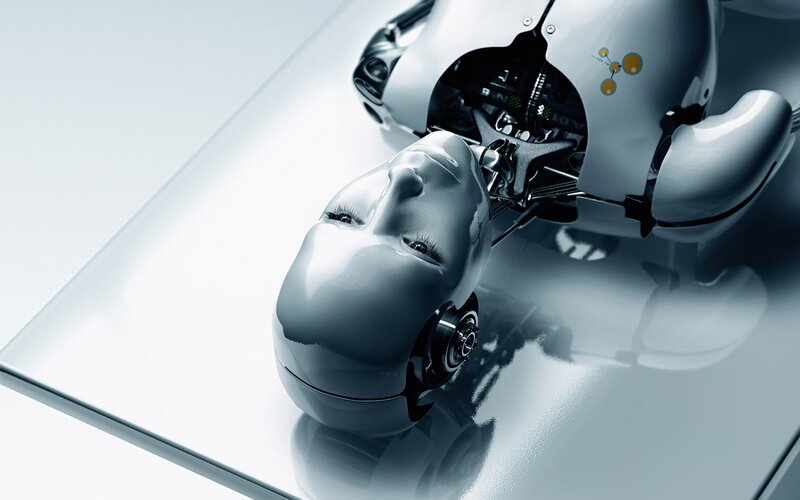 Robotic Head on Table — White, Clinical, 3d Render