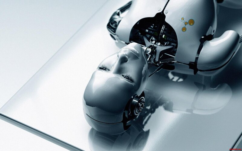 Robotic Head on Table — White, Dramatic