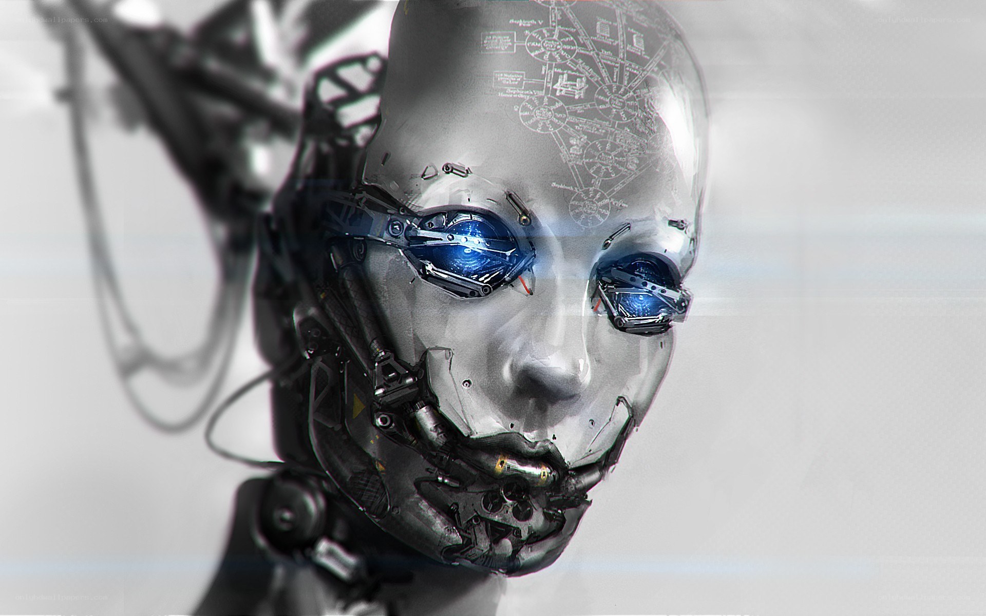 robotic head with blue eyes