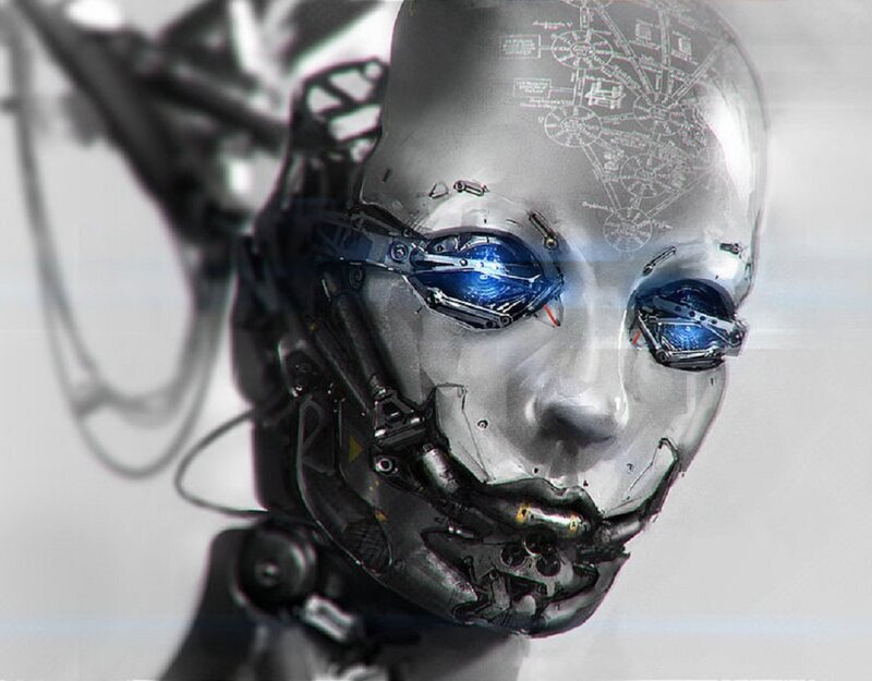 Robotic Head with Blue Eyes — Silver
