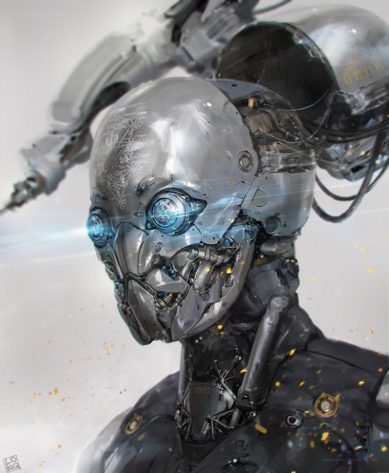 robotic head with glowing eyes
