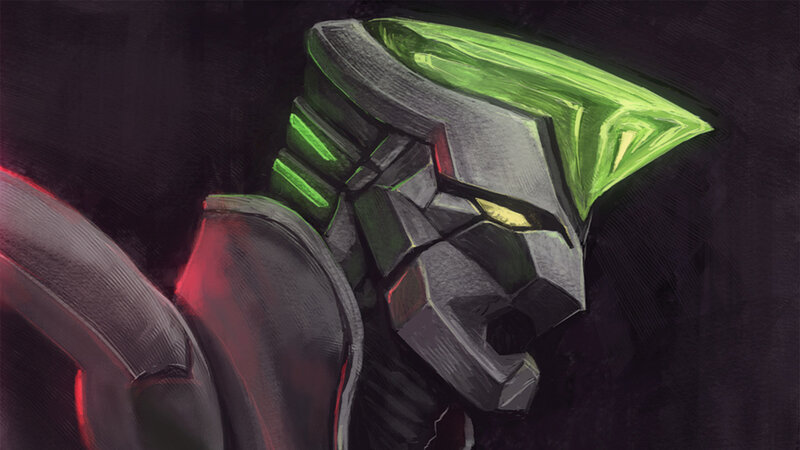 robotic head with glowing green visor