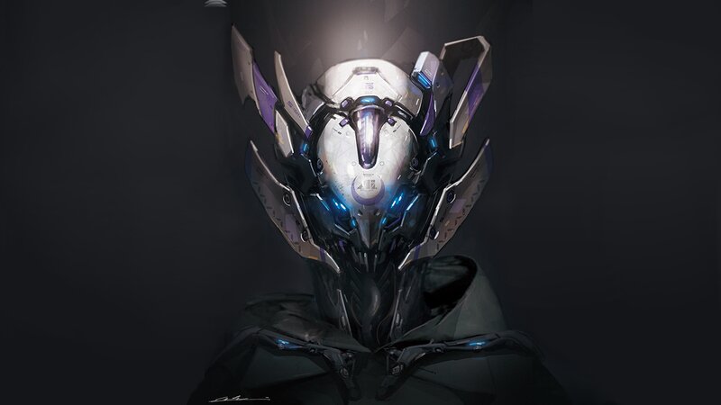 Robotic Helmet — Black, Dramatic, Digital Art