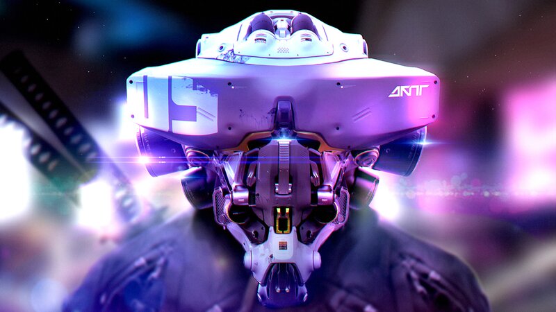 Robotic Helmet — Purple, Dramatic, Digital Art