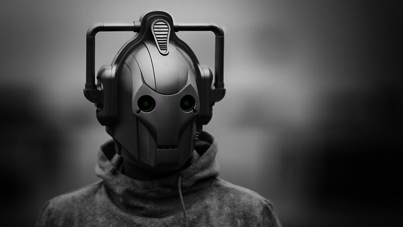robotic helmet with glowing eyes