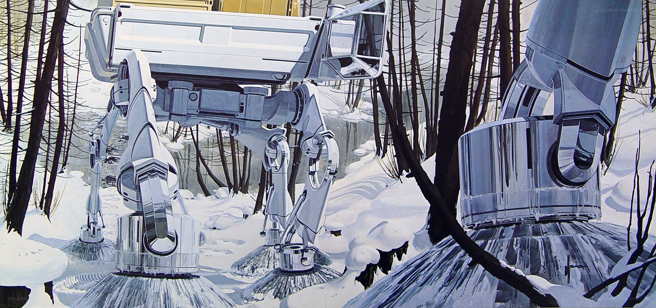 robotic machines in snowy forest