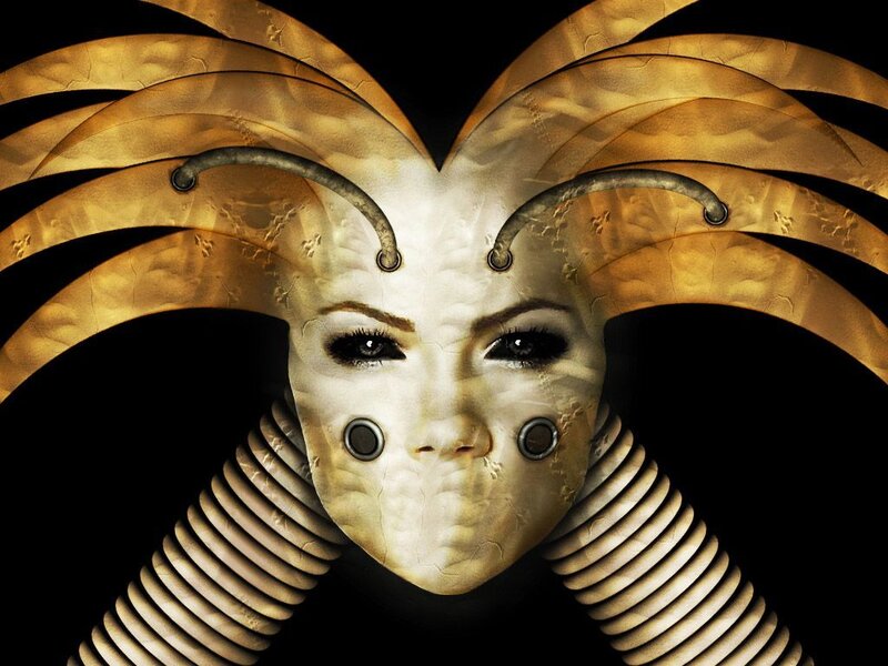 robotic mask with golden wings