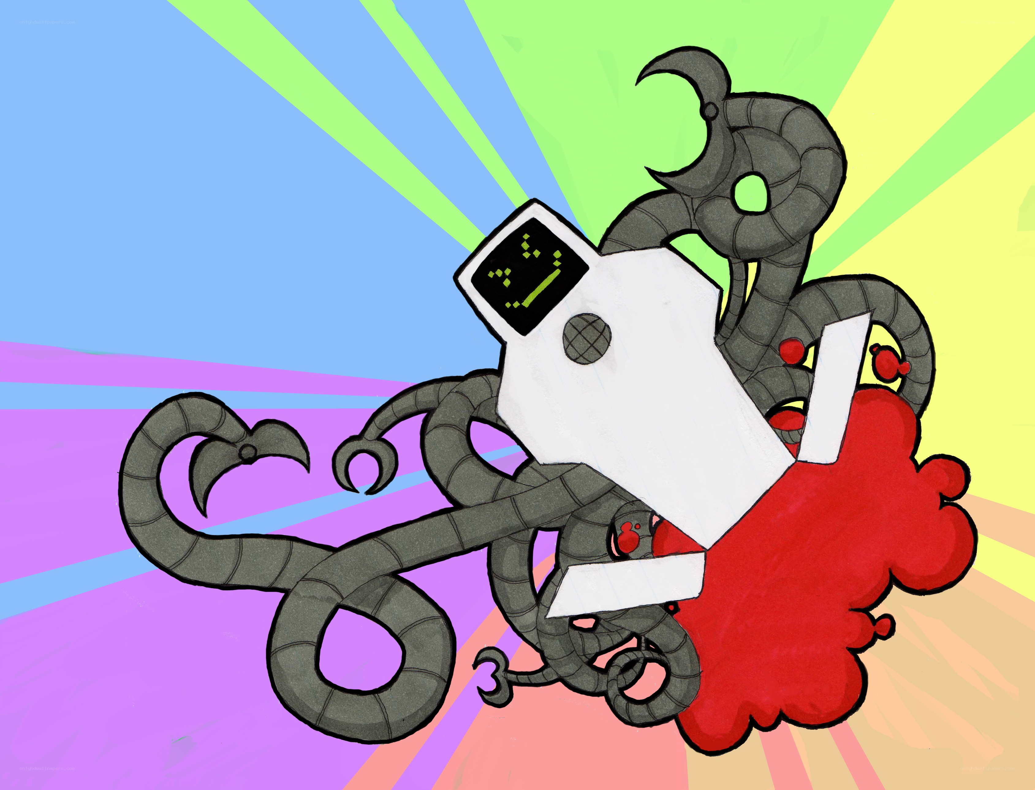 robotic octopus with red splatter