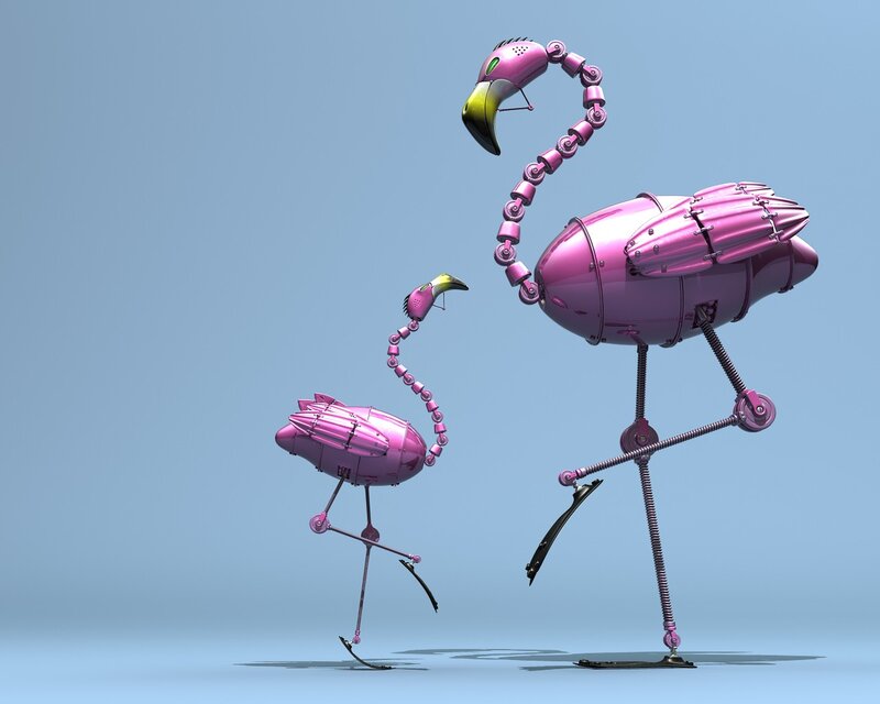 robotic pink flamingos