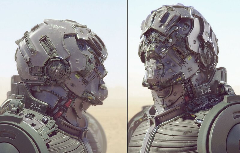 Robotic Soldier Helmet — Gray, Dramatic