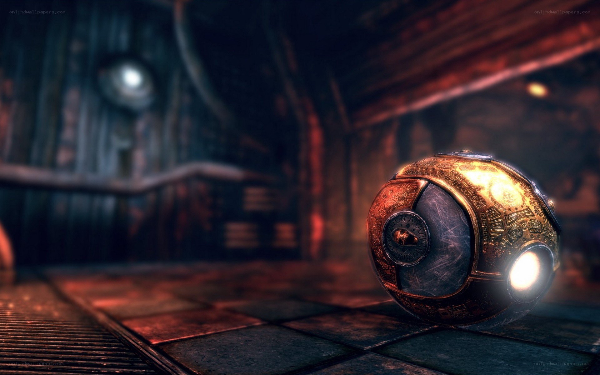 robotic sphere in dark corridor