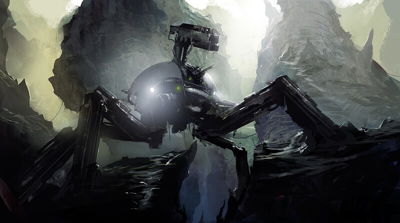 robotic spider in dark cave