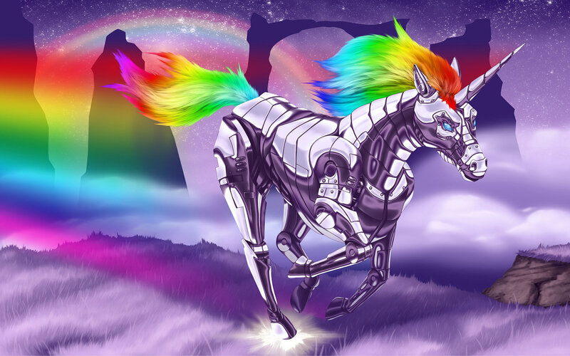 robotic unicorn in rainbow landscape