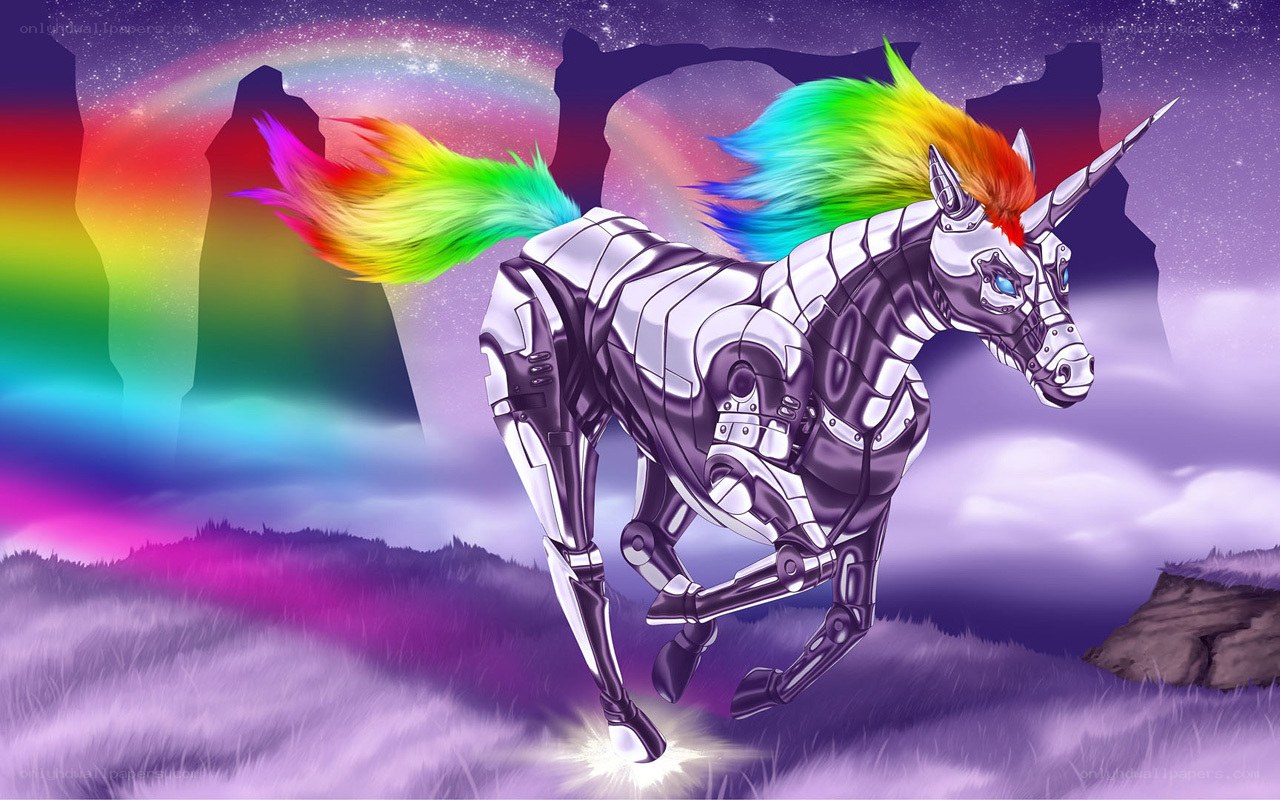 robotic unicorn in rainbow landscape