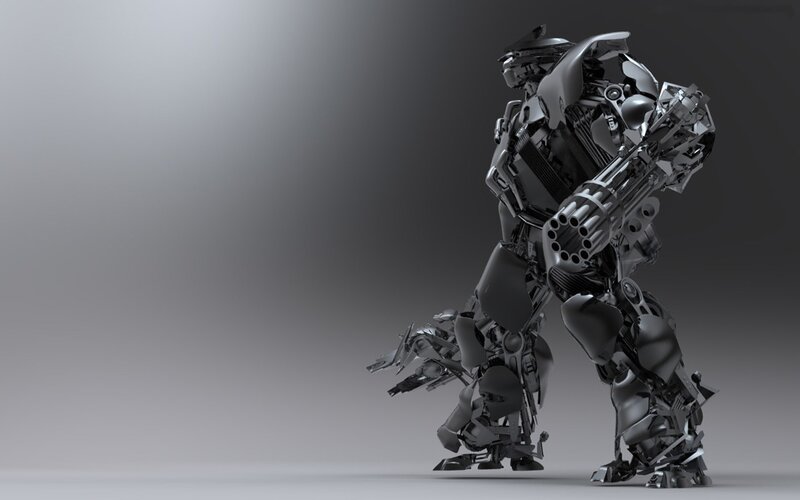 Robotic Warrior Figure — Gray, Dramatic, 3d Render, Weapon