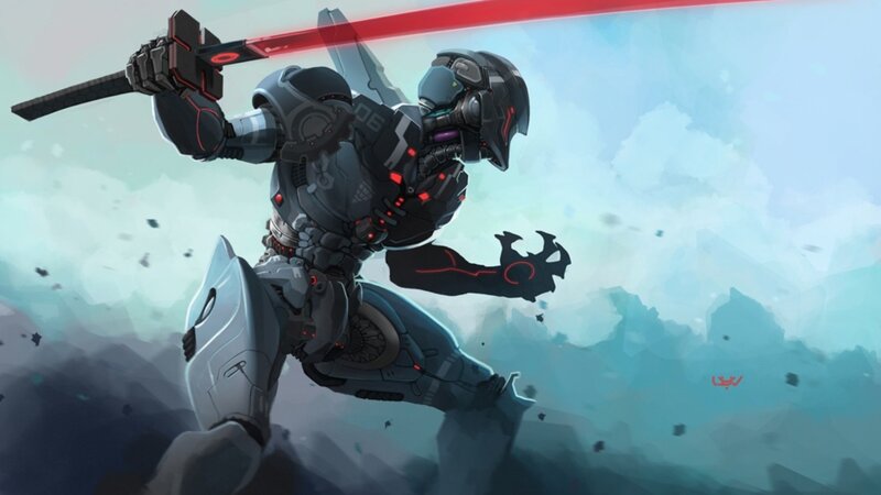Robotic Warrior in Combat — Gray, Dramatic