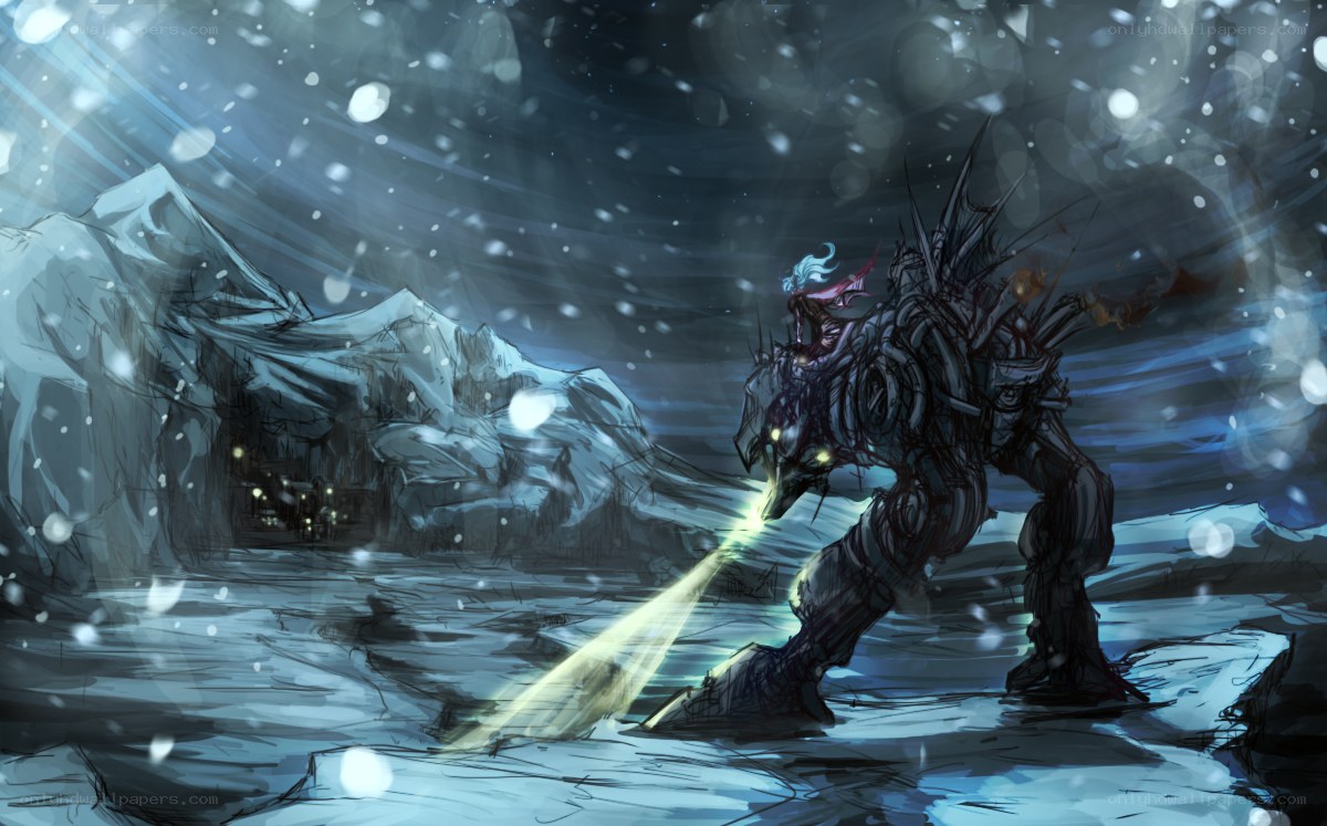 robotic warrior in snowy landscape