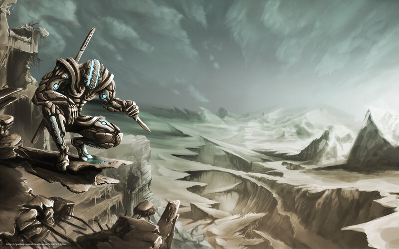 robotic warrior on cliff