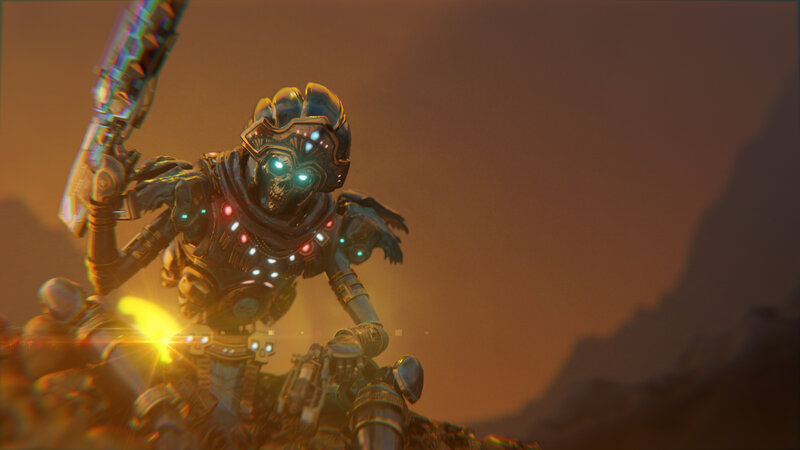 Robotic Warrior with Glowing Eyes — Orange