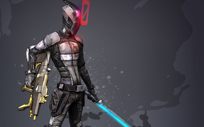 robotic warrior with sword and gun